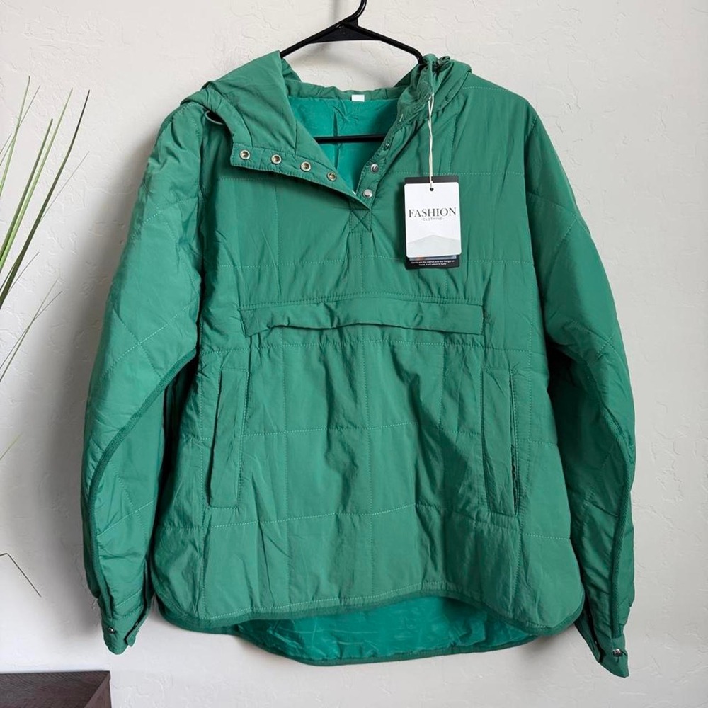 NWT Green Quilted Hooded Anorak Puffer Jacket Oversized Utility Coat M